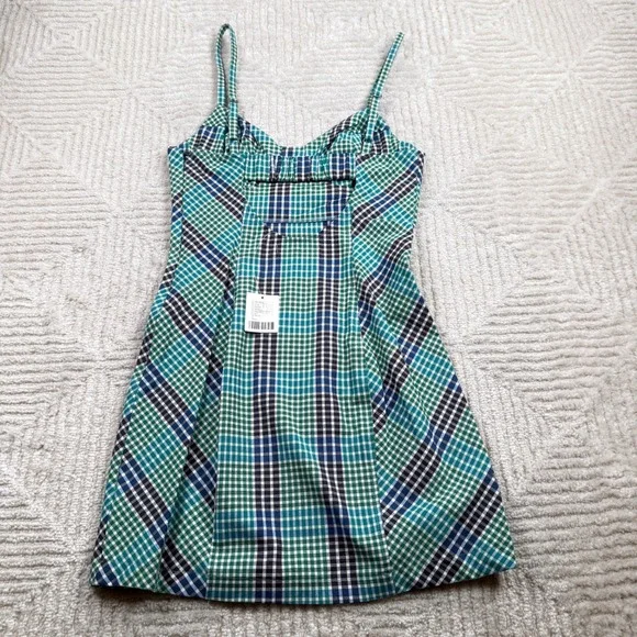 Urban Outfitters Plaid Mini Dress Women's Small Green Blue Gingham Grunge 90s - Picture 2 of 12